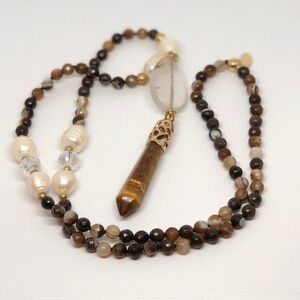 Handmade Long Necklace Pendulum Brown Agate Stone